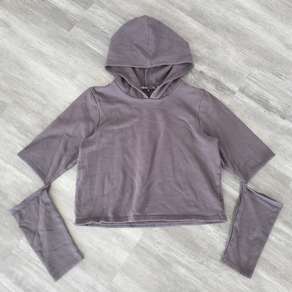 Dark Grey Vinyl Icons Slit Detailed Crop Hoodie
